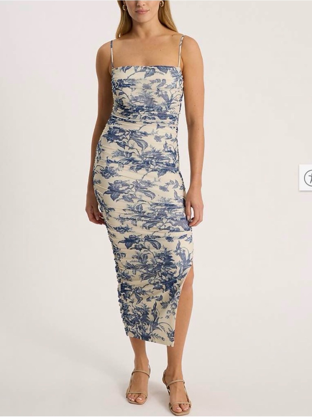 Body Contour Mesh Floral Ruched Side Slit Midi Dress